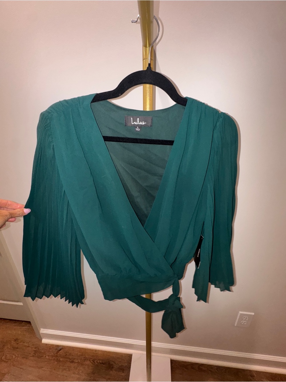 Lulu's Teal Surplice Wrap Blouse with Pleated Long Sleeves